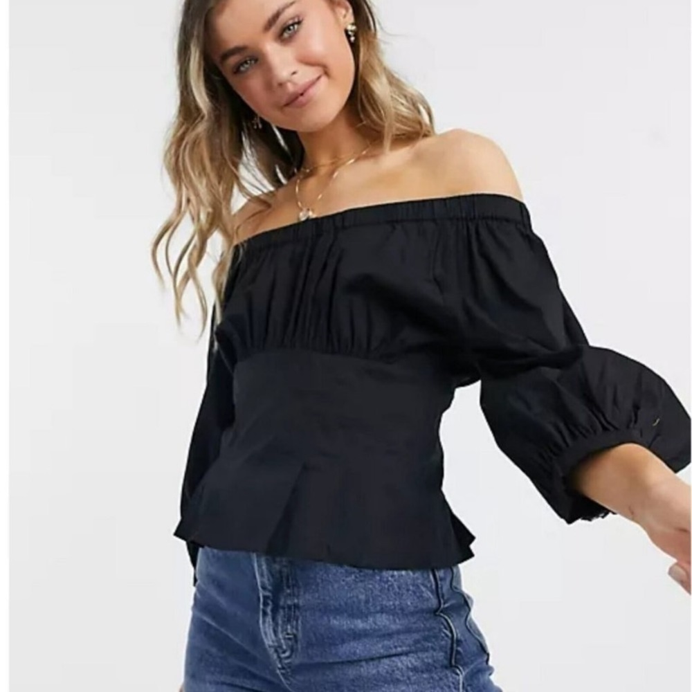 Free People Teagan Solid Puff Sleeve Corset off the Shoulder Blouse NWT $88.00